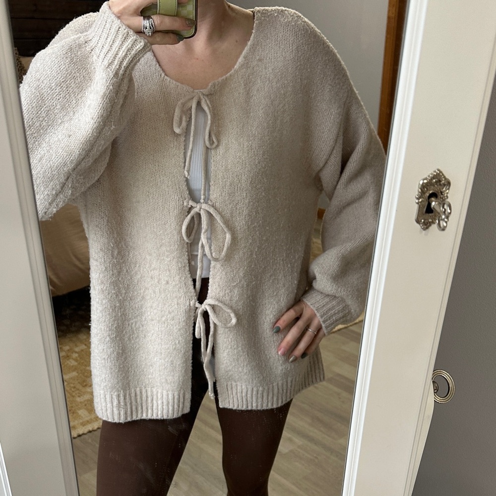SHEIN Cream Tie-Front Cardigan Sweater - Picture 1 of 2